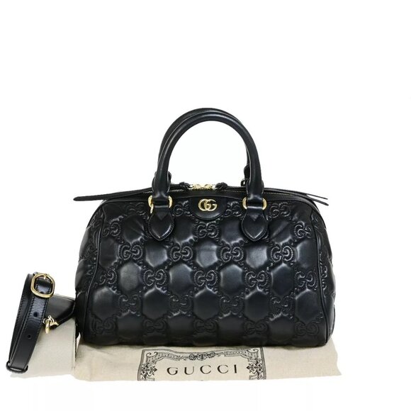 Auth GUCCI Logo GG Matelasse 2Way Travel Shoulder Hand Bag Leather Black GHW - Picture 1 of 15